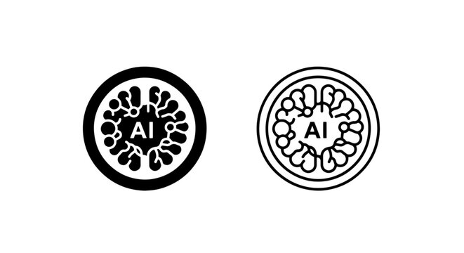 AI brain icons within a circle, in solid and outline, representing artificial intelligence and neural networks