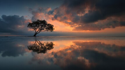 Obraz premium Tree is reflected in the water of a lake. The sky is cloudy and the sun is setting