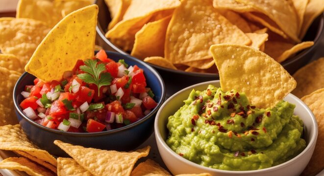 Delicious salsa and guacamole with crispy tortilla chips perfect for National Tortilla Chip Day