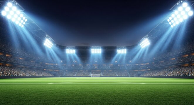 Brightly lit soccer stadium with green field and packed stands at night