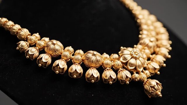 Close Up Detailed Macro Shot of Intricate Gold Necklace Adorned with Small Floral Pendants on a Black Velvet Display Matte Black Background Soft Studio Lighting Capturing Exquisite Craftsmanship and
