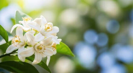 Fototapeta premium White orange blossom flowers in bloom with green leaves on tree branch in nature