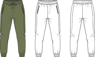 Jogger pants technical fashion illustration with front and back views, drawstring waist, ribbed cuffs and zip pockets design © MSTMONIRA