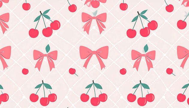 A repeating pattern of cherries and pink bows on a light pink background