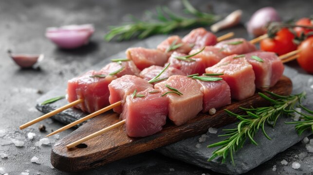 Plate of meat skewers with herbs and spices on a wooden board. Scene is appetizing and inviting