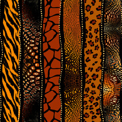 Fototapeta premium Wild safari animal seamless pattern. Vector leopard, cheetah, tiger, giraffe, zebra, snake skin textures in patchwork style for fashion print