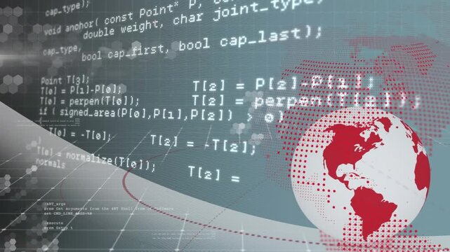 Animation of computer language over globe and hexagons patterns against abstract background