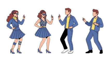 Fototapeta premium Illustration of four people wearing blue outfits taking selfies together