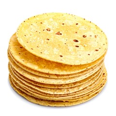 Stack of golden corn tortillas, displaying texture, stacked on white background for food presentation