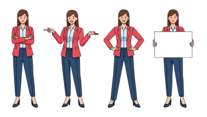 Fototapeta premium Businesswoman in red jacket illustrating various gestures and holding a sign in multiple poses