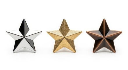 Obraz premium Three metallic stars in silver gold and bronze on white background with shadows