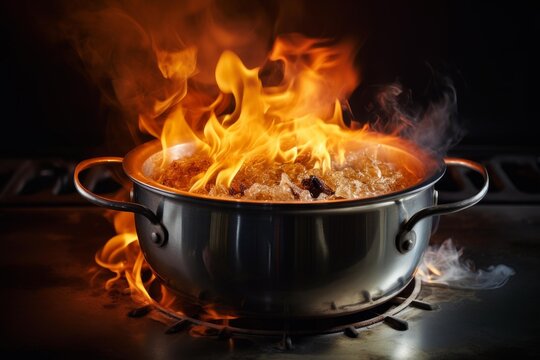 Boiling pot with intense flames on a kitchen stove