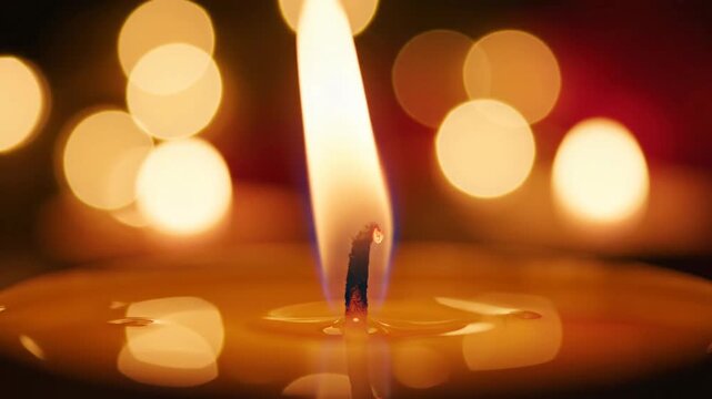 Close-up of a lit candle flame with soft glowing bokeh background lights