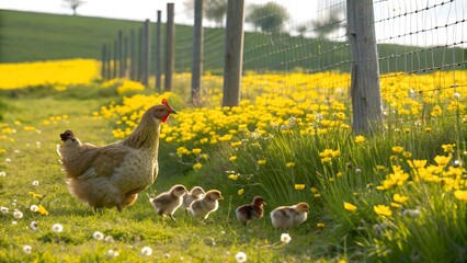 A hen with her chicks is roaming the garden.