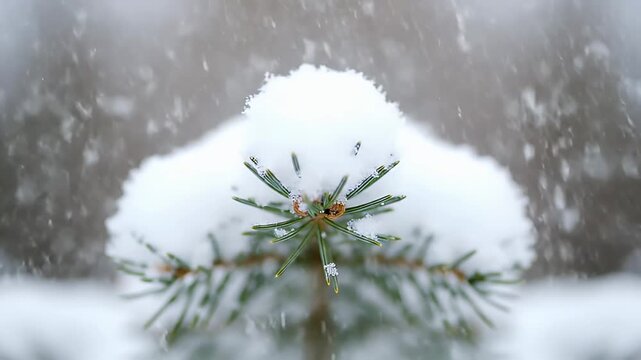 A small pine tree covered in fresh snow during a winter snowfall in the forest.