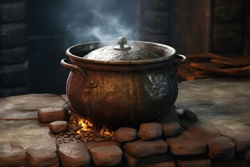 Fototapeta premium Copper pot simmering on a hearth in a medieval kitchen, steam rising from the covered pot