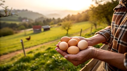 A chicken farmer is standing with several chicken eggs in his hand.