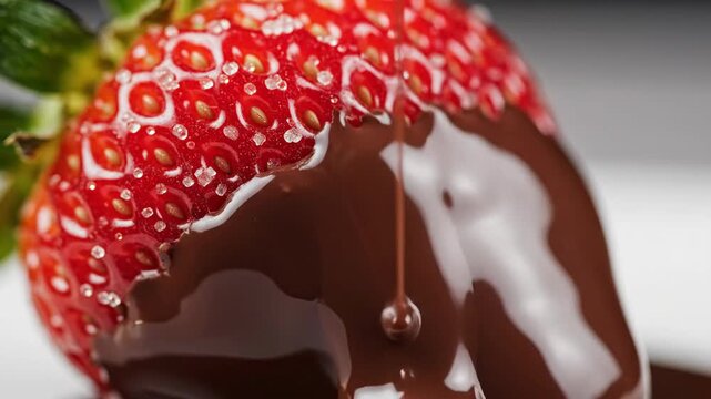 Close-up of Delicious Chocolate Drizzling on Fresh Strawberry with Sugar Crystals