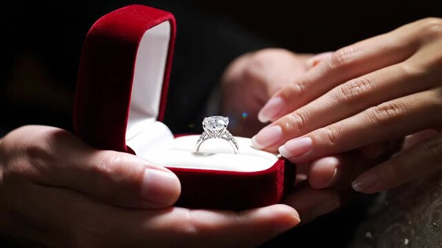 Close-up of Hands Holding an Engagement Ring Box with Sparkling Diamond Ring
