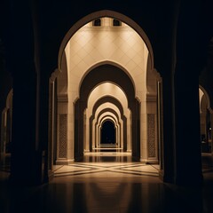 Fototapeta premium Elegant Archway Corridor in Warm Lighting with Repetitive Arches and Intricate Details