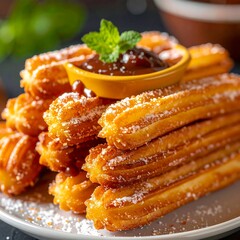 Stack of golden, fried churros covered in sugar, topped with a small bowl of sauce and mint on a white plate
