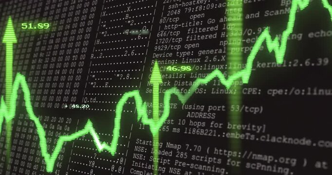 Animation of graph with arrows over data processing on black background