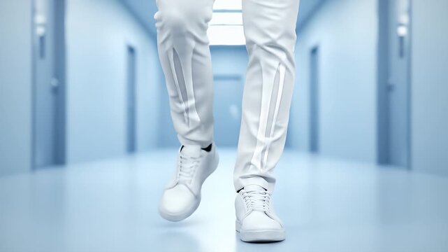 Futuristic view of legs with a bionic exoskeleton walking down a modern hallway.