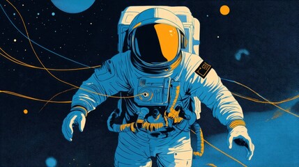 Fototapeta premium Man in a blue spacesuit is depicted floating in space. The painting is a colorful and vibrant representation of an astronaut in a blue spacesuit, surrounded by a blue and orange background