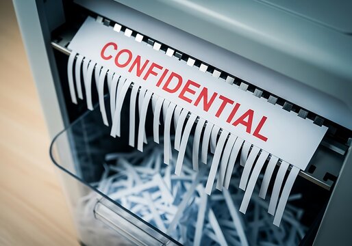 Shredding Confidential Document in Modern Office Paper Shredder Extreme Close-Up