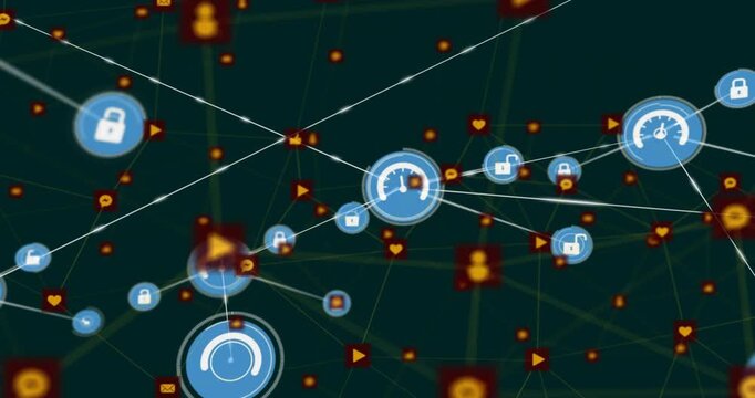 Animation of network of connections with icons and data processing