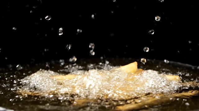 French Fries Falling into Hot Oil on Black Background Cooking Crispy Golden Potatoes For Recipes and Restaurant Menu