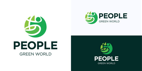 Circle green earth with people concept for sustainability global, Logo icon design vector illustration, circular symbol happy human sign integrated with world sphere or globe for brand identity