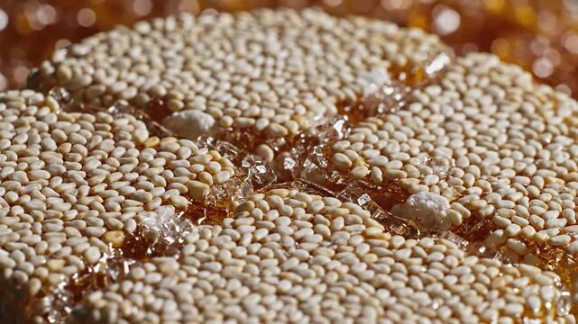 Close-up Macro Shot of a Round Sesame Seed Candy With a Honey Glaze Showing Intricate Texture and Sweet Center With a Shallow Depth of Field and Soft Warm Lighting