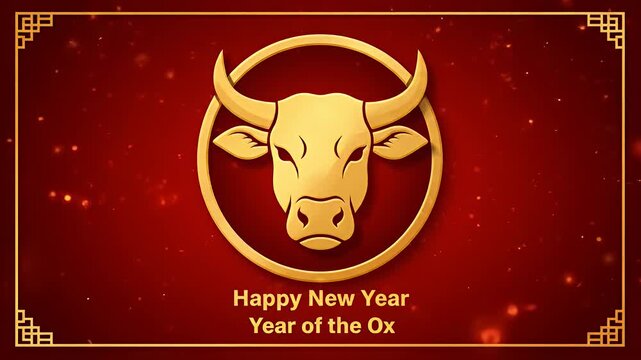A gold ox zodiac symbol on a festive red background for a New Year greeting.