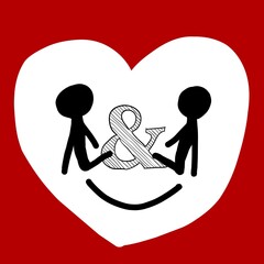 A quiet conversation beetween two people. Red background with silhouette of two people inside heart-shaped room.