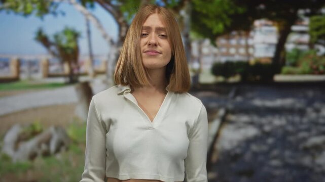 Woman clasps hands in park; frustration stress annoyance.