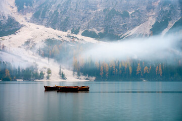The specular landscape of lake Braies dolomite in Italy
