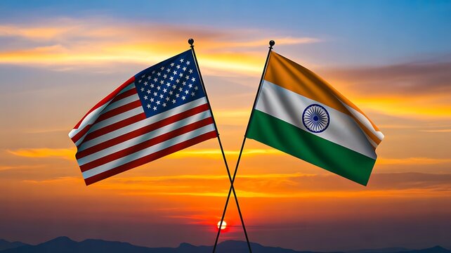 United states and india flags against dramatic sunset sky

