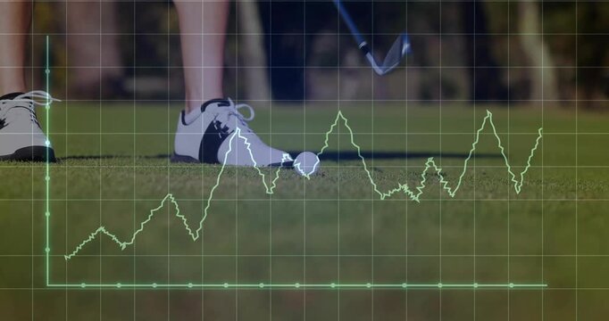 Golf data displaying on putting green, highlighting golf shoes, iron head, white ball, grid overlay