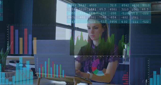 coworkers collaborating in technology office, showing animated charts on laptop
