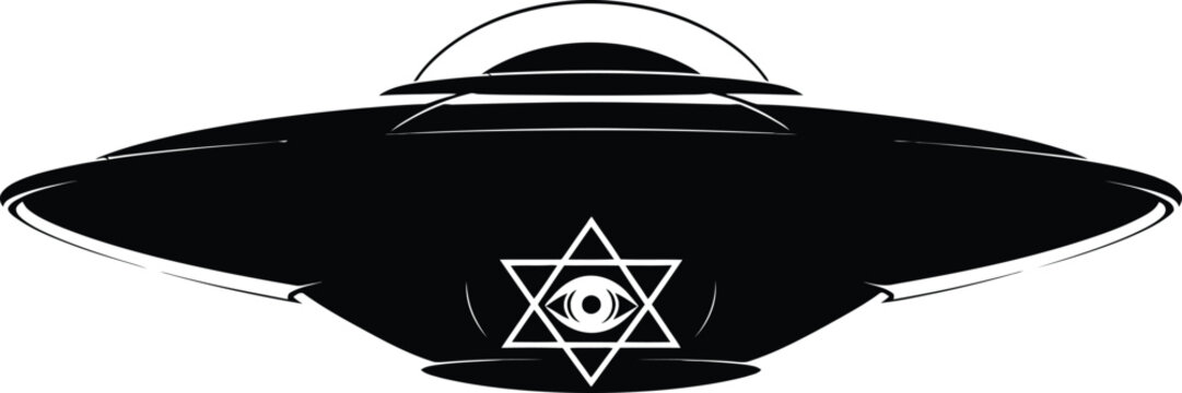 Black silhouette of sci-fi ufo spaceship featuring star of david and all seeing eye symbol representing alien conspiracy theory and raelian movement religious art.