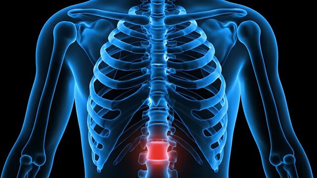 Medical anatomy x-ray of a human skeleton spine showing lower back pain.