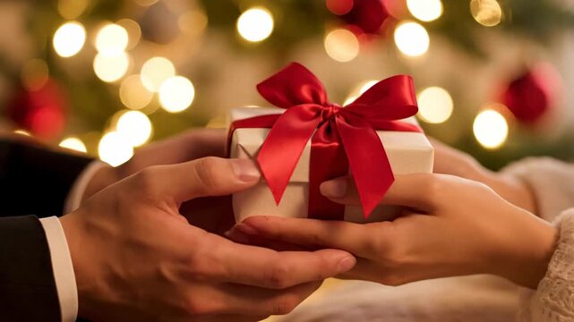 Couple Exchanging Christmas Gifts Near Decorated Tree At Night