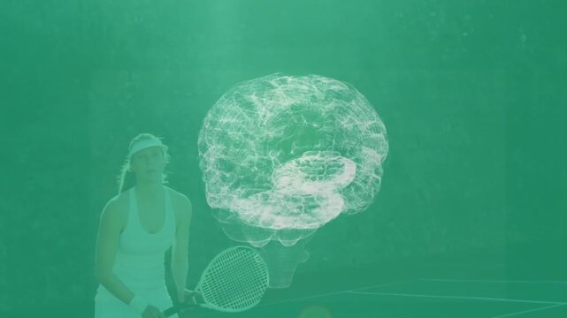 Woman tennis pro preparing backhand swing near net, 3D brain overlay showing sports science
