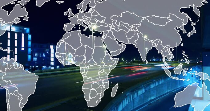 Semi transparent world map fading in over highway, borders drawing to visualize global connectivity