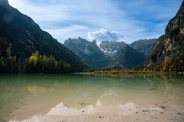 The photo specular landscape of lake di landro at dolomite in Italy