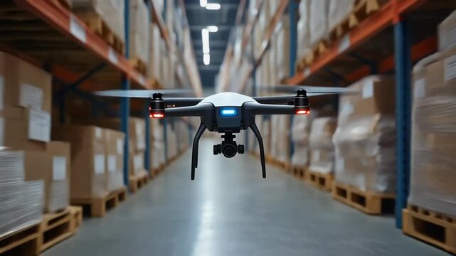 Automated Drone Navigates Through Rows of Warehouse Inventory