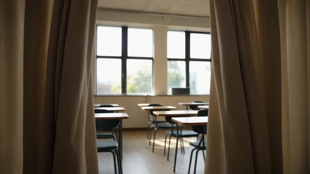 Curtains Parting Revealing Empty Classroom Filled with Natural Light