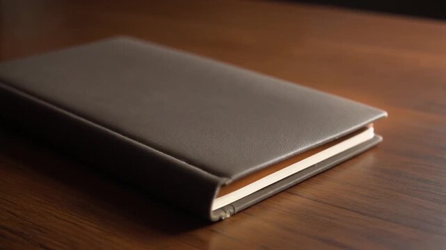 Elegant Leather Bound Journal Gently Rotates on Wooden Desk Surface