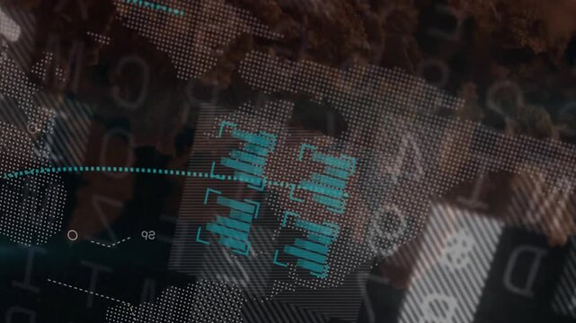 Floating alphanumeric layer initiating dotted world map building and bar modules visualizing